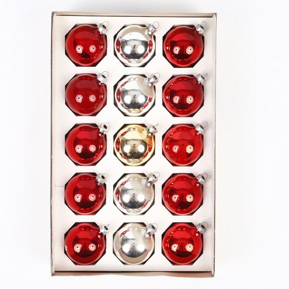 Vintage Pyramid Jumbo 2” Round Christmas Bulb Ornaments 15ct Red & Silver USA - Picture 2 of 10